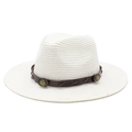 Close-up of beige straw fedora hat featuring a brown leather band and copper metal rivets - M (56-58cm) / White