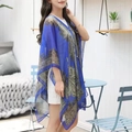 Navy blue paisley chiffon sun protection shawl for women with elegant drape - Sapphire Blue