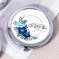 Silver folding pocket makeup mirror with floral pattern and I Love You text - Valentine Blue Floral