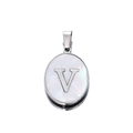 Oval stainless steel pendant with white shell inlay and silver metal letter V charm - Steel Letter V