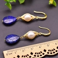 Handmade bohemian drop earrings with natural pearls and blue lapis lazuli on 925 silver needles - Lapis Lazuli Pearl Earrings