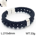 Men's double-layer black leather braid and volcanic stone bracelet with magnet clasp - Black Network Stone-Steel Clasp (Emblem)