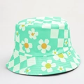 Close-up of mint green checkered sun hat with white daisy prints and twill fabric - One Size (58cm) / Grass Green Checkerboard Daisy