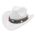 White felt cowboy hat featuring turquoise stone and bohemian braided ethnic trim - One Size / White