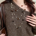 Multi-layer necklace with pearls and tiger eye stone on brown tweed sweater - Multi-layer Pearl Gem Style (32#) / Gold