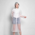 Transparent white long hooded EVA raincoat with snap button closure for outdoor protection - Drawstring / White