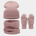 Three-piece winter set with ribbed knit beanie, thick scarf and touch-screen gloves in pink - Red Beige