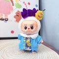 Labubu doll outfit featuring blue knit cardigan, floral dress, and purple bow accessory - Floral Set (blue) / First And Second Generation Keychains Are Compatible With La Cloth Dolls. Dolls Not Included.