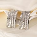 Minimalist rectangular silver earrings with a textured wave pattern for women - Wavy Rectangular Style (9491) / 06 White K Striped