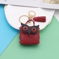Red owl-shaped PU leather coin purse keychain with matching tassel and gold hardware - Burgundy