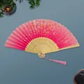 Japanese style bamboo folding fan with pink gradient cherry blossom silk and pink tassel - White Ribs Style 69