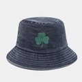 Dunkelgrauer Fischerhut aus gewaschenem Denim mit grüner Kleeblatt-Stickerei für St. Patrick's Day - Einheitsgröße / Marineblau
