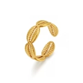 Golden stainless steel open ring with textured shell patterns and adjustable band design - Shell Style (XKR0176) / Gold