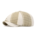 Retro newsboy cap in beige stripes and green plaid patchwork fabric with short curved brim - Beige