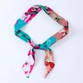 Lake blue floral skinny silk scarf with elegant flower print for hair or bag - X39-Multi