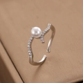 Silver bow ring with white pearl and micro-inlaid diamonds in an open design - Silver Pearl Curve Open Ring (A-1468)