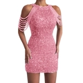 Pink sequin bodycon halter dress with cold shoulder cutouts and beaded fringe details - S / Pink