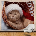 Weihnachtswandteppich mit süßer orangefarbener Katze im Korb und roter Festmütze - 150x130cm / Orangefarbene Katze im Korb mit Weihnachtsmütze