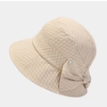 Beige bubble texture sun bucket hat for women with large side bow and metal accent - M (56-58cm) / Beige