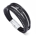Multi-layer black braided leather bracelet featuring a silver magnetic clasp - Black Leather + Silver Buckle / 19cm