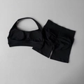 Women's black halter neck yoga set with high waist scrunch butt shorts in ribbed knit - S / Top And Bottom / Black
