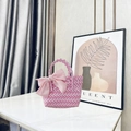Pink and white woven tote bag featuring a large satin bow for beach or gift use - Small (With Pink Bow) / Pink Stripe