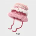 Pink rabbit fur knit hat with warm earflaps and braided ties for winter style - M (54-58cm) / Pink