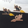 Three-piece black cat on broom enamel charms in gold-tone finish for DIY jewelry - Cat on Broom 37x19mm (15137)