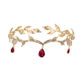 Gold leaf bridal headpiece with three red teardrop gemstones on a white background - Gold With Red Drop
