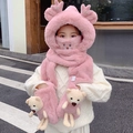 Ensemble 3-en-1 bonnet écharpe et gants en peluche rose avec bois et ours fille - Enfant / Ensemble 4 pièces amélioré (Avec ours) / Rose Poudré