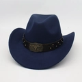 Dark blue felt cowboy hat with a brown leather band and metal bull skull ornament - One Size / Navy Blue (Rivet Bull Head)