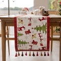 Camino de mesa navideño beige con bordes de cuadros rojos y bordados de renos - 35x120 / Árbol de la Torre Blanco + Borla Roja (Solo Lavar a Mano)