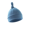 Detail view of a soft blue newborn knotted hat with a comfortable ribbed cuff - Marbled Blue