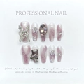 Detail of luxury purple marble press-on nails with silver butterfly and 3D floral accents - Extra Small (XS) / 1138-butterfly's Coldness