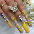 Extra lange trapeze kunstnagels met 3D harsbloemen en luxe strassteentjes - Mat Geel Roze Gradiënt 3D Bloem Strass Lange Coffin Stijl-Lijm Versie(SGCY-318)
