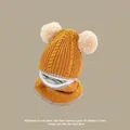 Warm yellow knit hat and scarf set for toddlers with white pom-poms and fleece lining - Yellow Double-sided Beanie (ages 2-6)