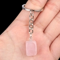 Pink stone keychain with rectangular crystal pendant and silver metal ring for DIY use - Rose Quartz