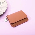 Pink minimalist faux leather short wallet with lychee pattern and gold ring charm - Brown
