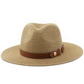 Dettaglio di cappello in paglia marrone chiaro con cinturino in pelle e fibbia dorata - M (56-58cm) / Cachi (Decorazione con Anello in Metallo)