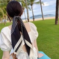 Elegant black and white striped silk scarf used as a hair tie for a ponytail style - Black Square Scarf With Letter Checkered Pattern / 65