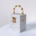 White marble acrylic box evening bag with silver rhinestones and pearl handle - White
