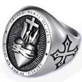 Vintage Edelstahlring mit Heiligem Herz Jesu und kunstvollen Kreuz-Reliefmustern - US 7 / Stahl Matt