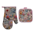 Detail view of thickened floral embroidery oven mitt and heat resistant pot holder set - Blue Embroidered Floral