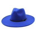 Close-up of vibrant blue wide brim wool fedora hat with a black leather decorative belt - M(56-58cm) / Blue