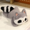 Plush raccoon toy in lying position with soft grey fur and black ringed tail - Raccoon Prone Style / 20cm