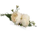 Bohemian hair comb featuring cream artificial flowers and green leaves on silver metal pin - FS39-2 Champagne
