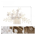 Detailed view of handmade polymer clay flower hair comb with pearls and dimensions - Gold Pearl Hair Comb (HS-J6956G)