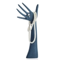 Matte blue hand shaped jewelry display stand showing rings and necklaces - Long Pole Hand / Blue
