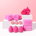 Pink coral fleece headband and wristband set with soft makeup sponges and powder puffs - Rose Red 12-Piece Set
