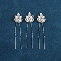 Detailed view of three silver U-shaped hair pins with marquise crystal leaf designs - Marquise Rhinestone Leaf Style (FZ-001) / 3pcs / Silver
